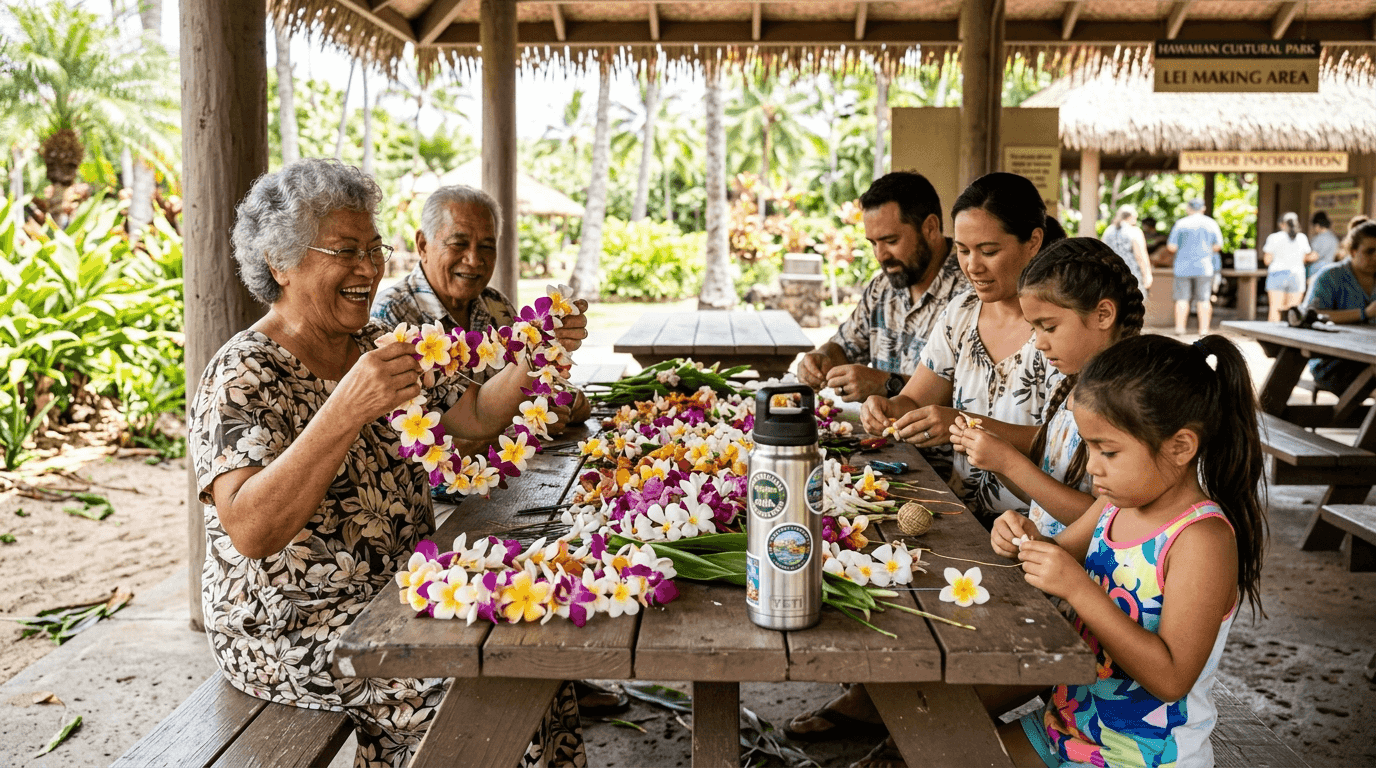 Three generations making leis together outside