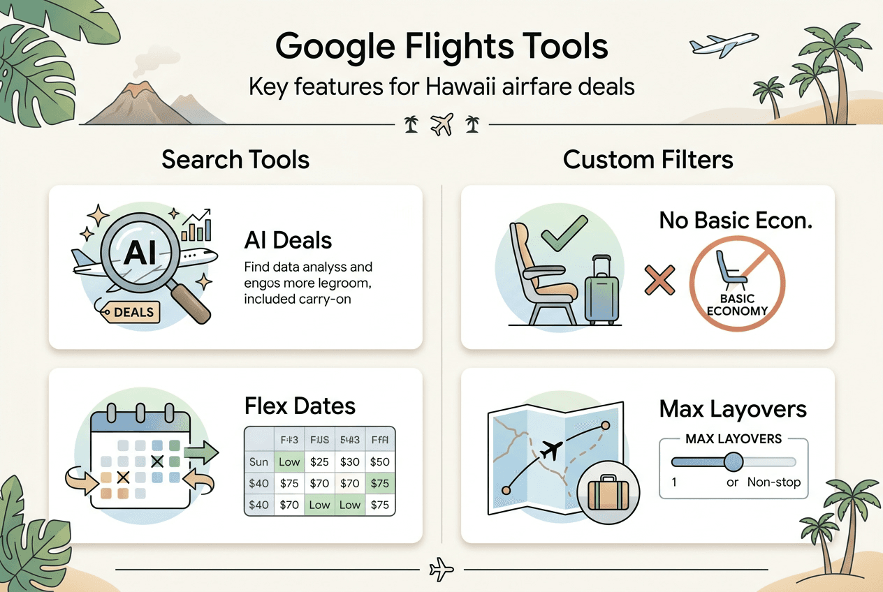Google Flights tools and filters infographic