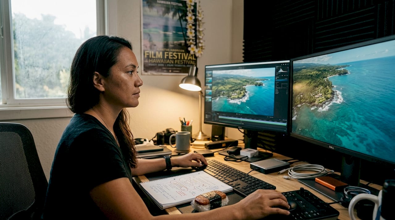 Filmmaker editing Hawaiian cultural film