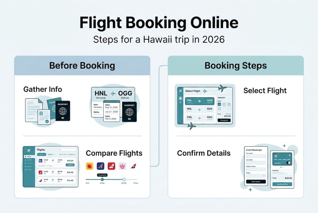 Infographic flight booking steps for Hawaii