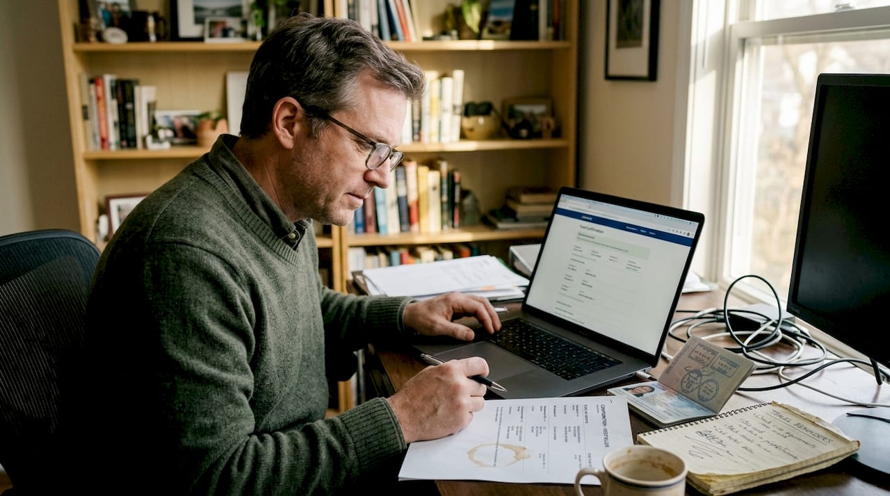 Traveler reviewing flight booking details at desk