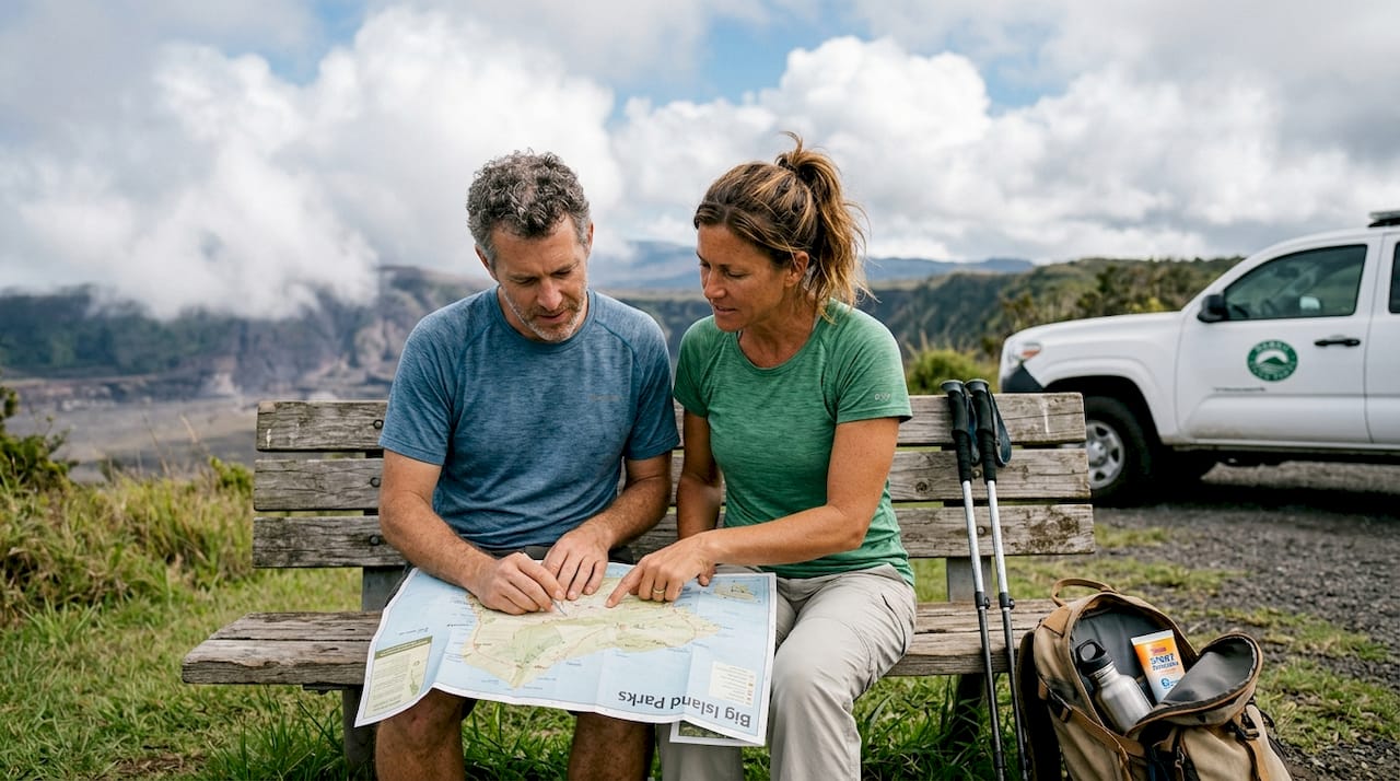 Travelers planning route at Hawaii park overlook