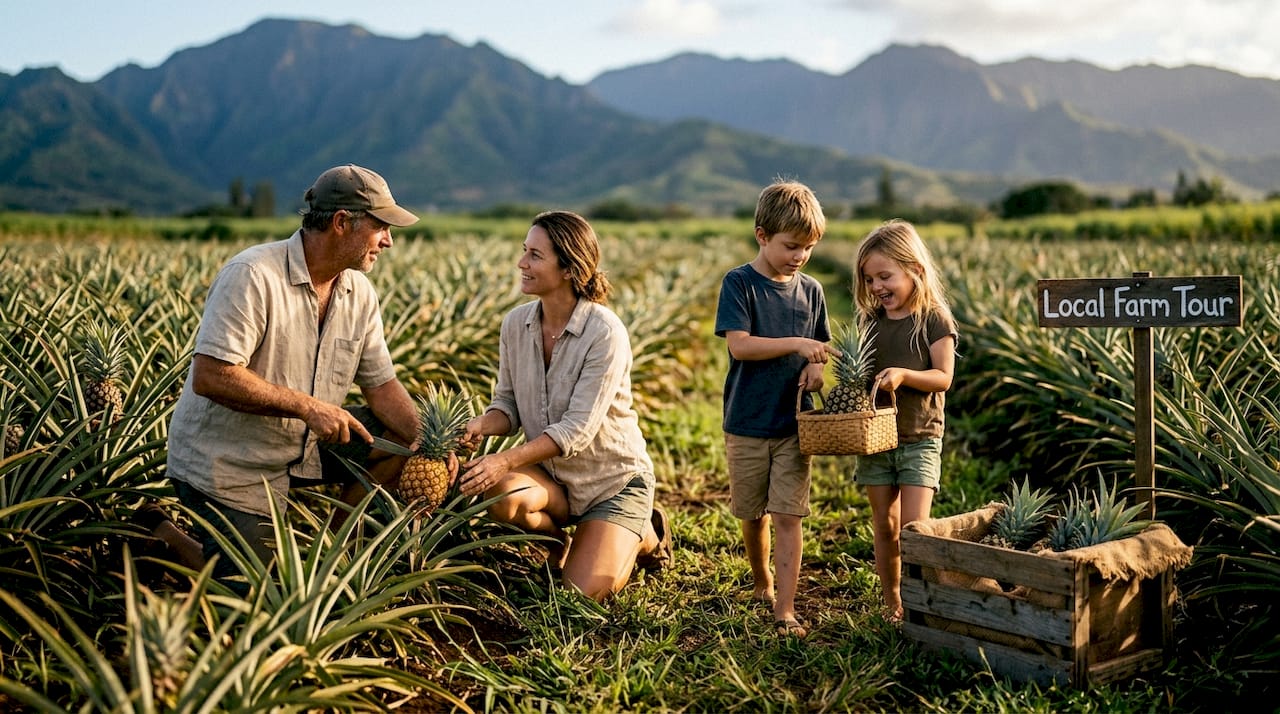 Family picking pineapples during Hawaii farm tour
