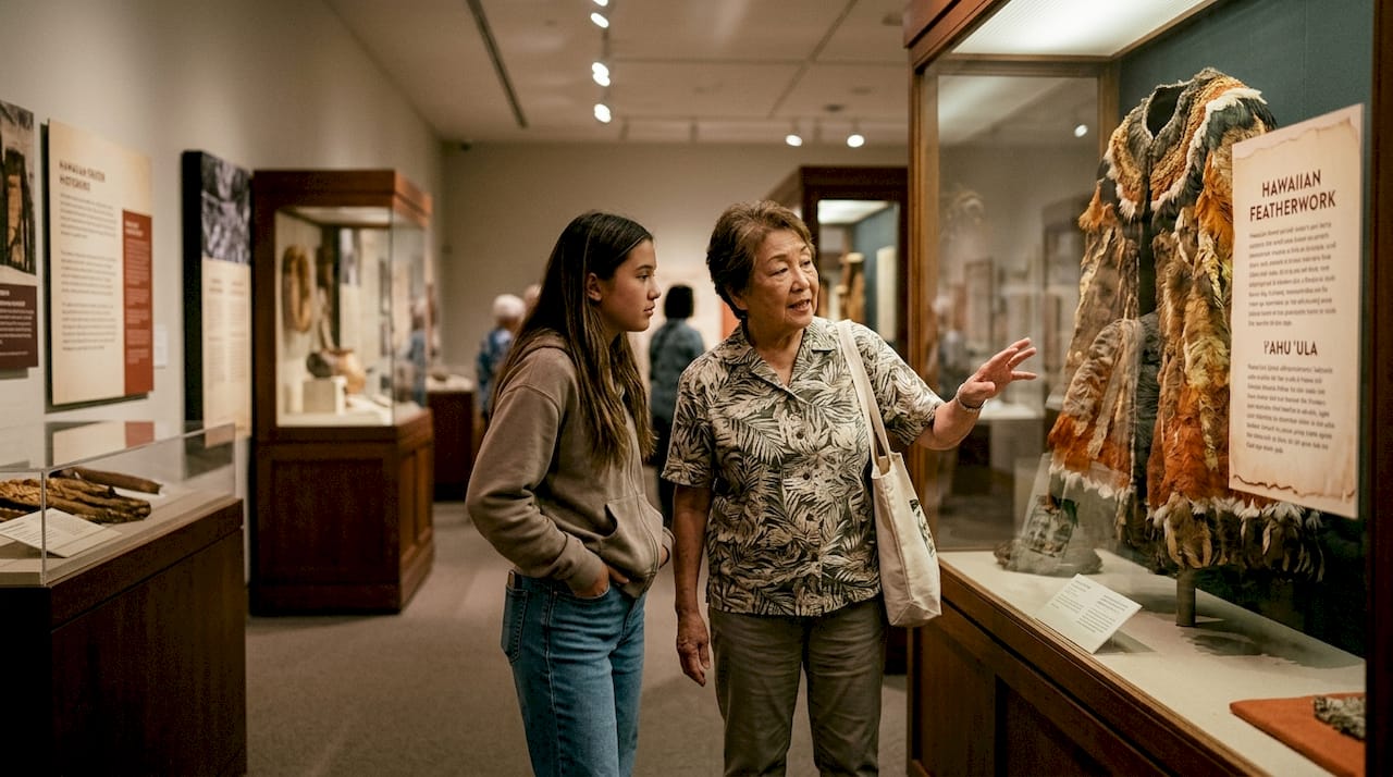 Grandmother explaining Hawaiian artifacts to teen