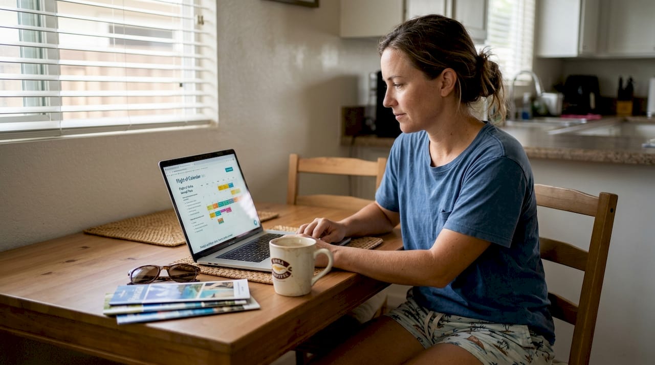 Woman researching annual pass perks at kitchen table