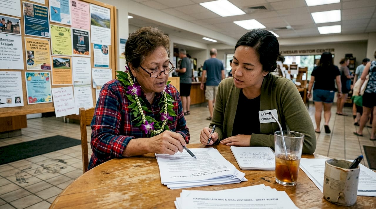 Elder and curator reviewing legend materials