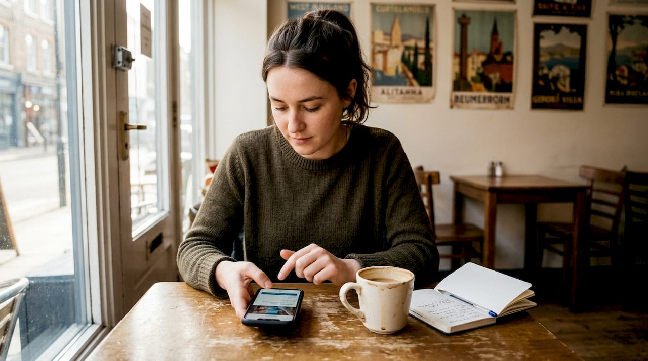 Booking aerial ride online from café table