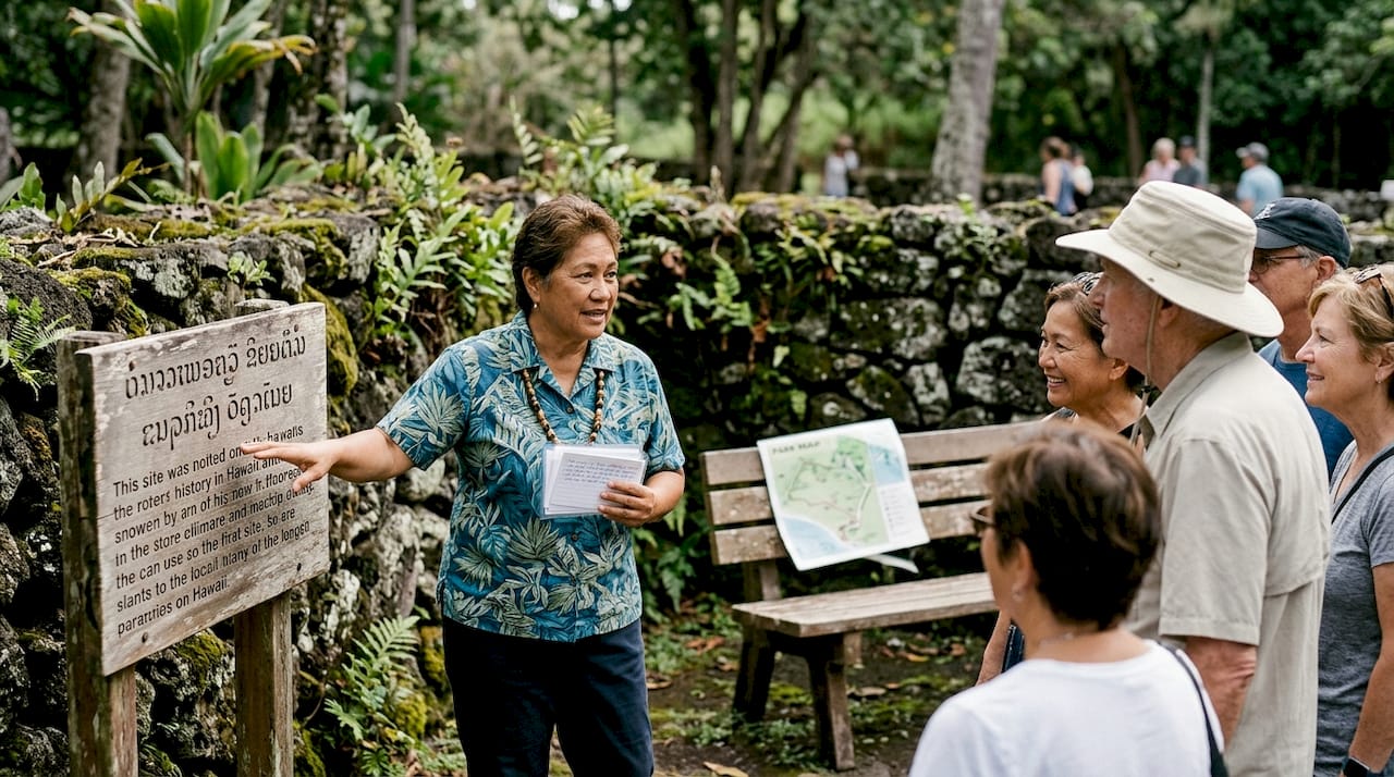 Guide sharing Hawaiian stories in park