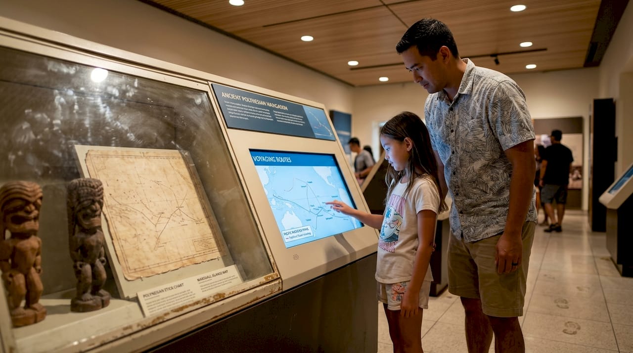 Father and daughter exploring museum exhibit