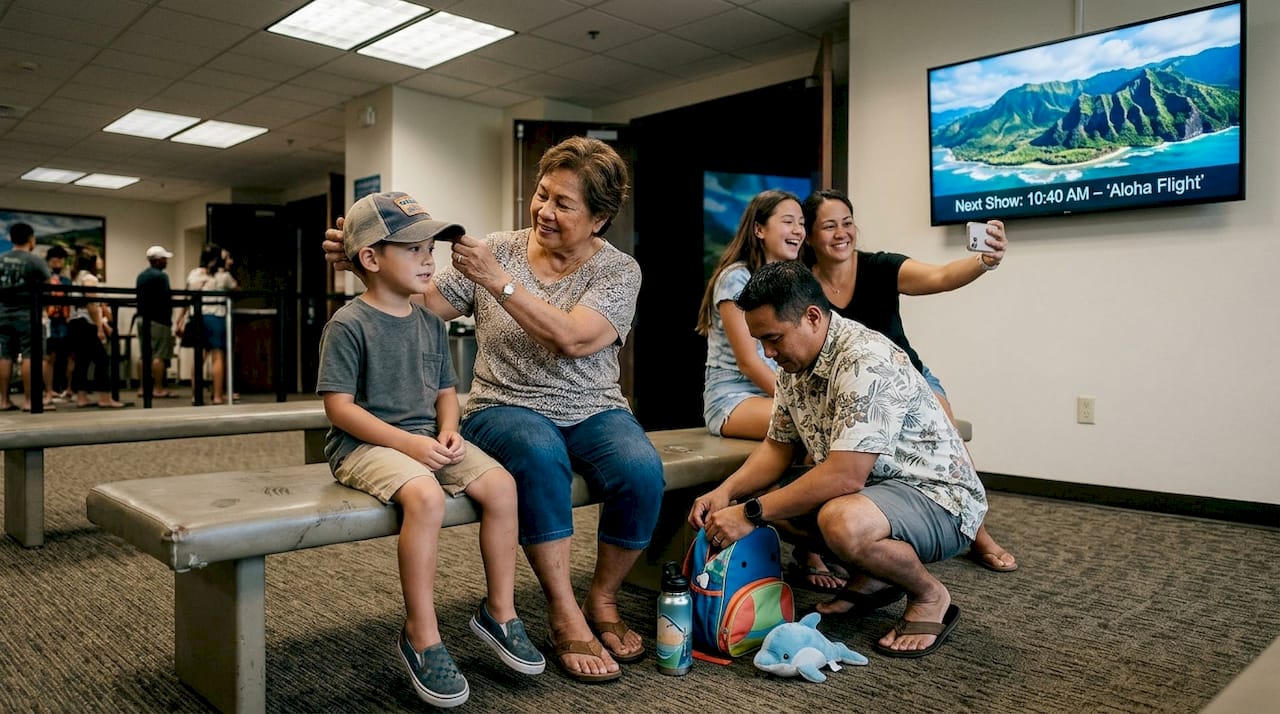 Family getting ready for flying theater ride