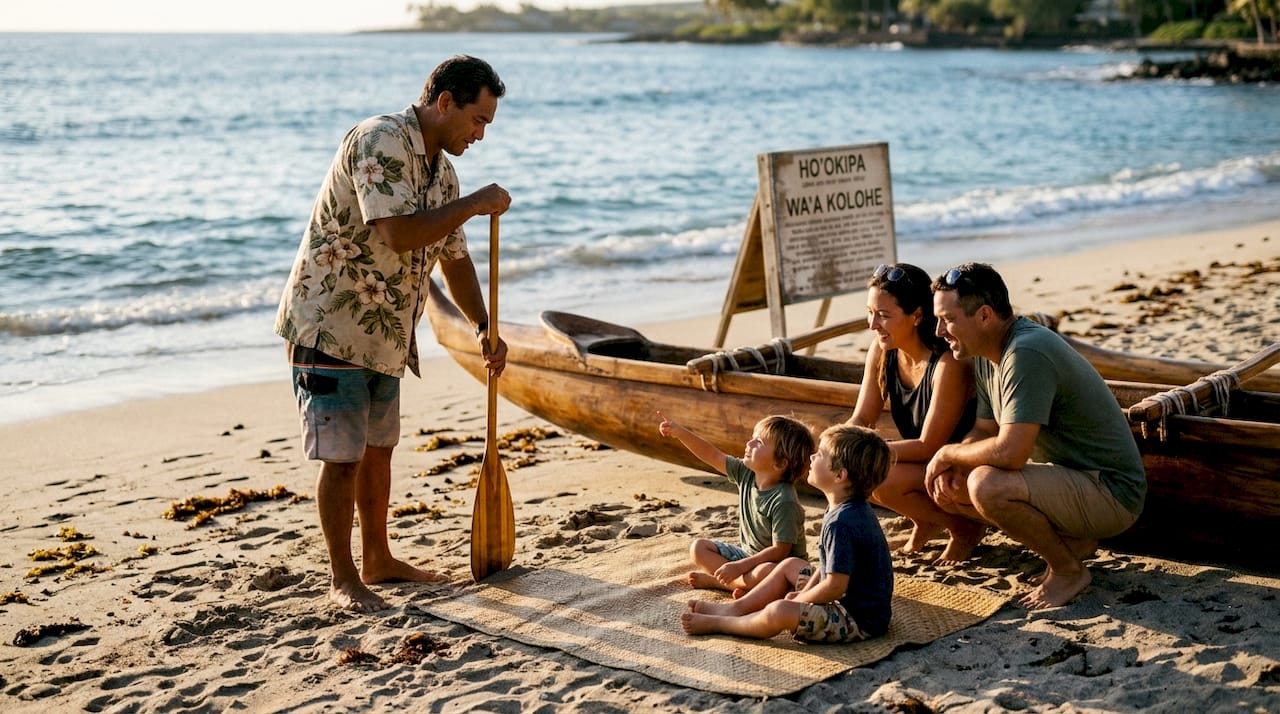 Guide demonstrates Hawaiian canoe paddling