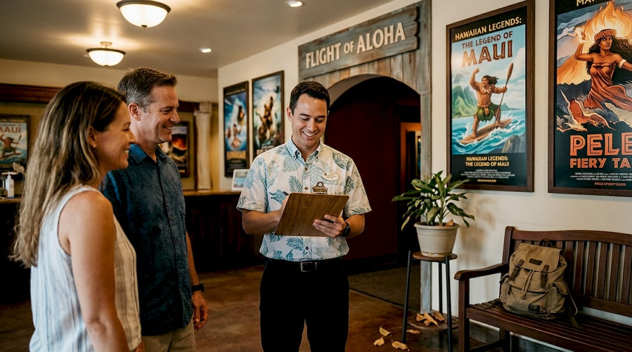 Lobby scene welcoming guests to Hawaiian ride