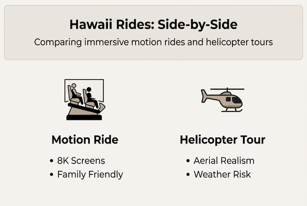 Infographic comparing motion rides and helicopter tours