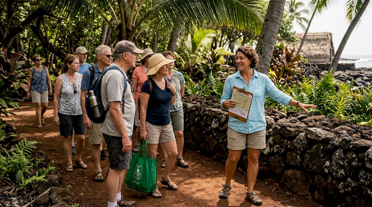 Guide leads small group on Kona cultural walk