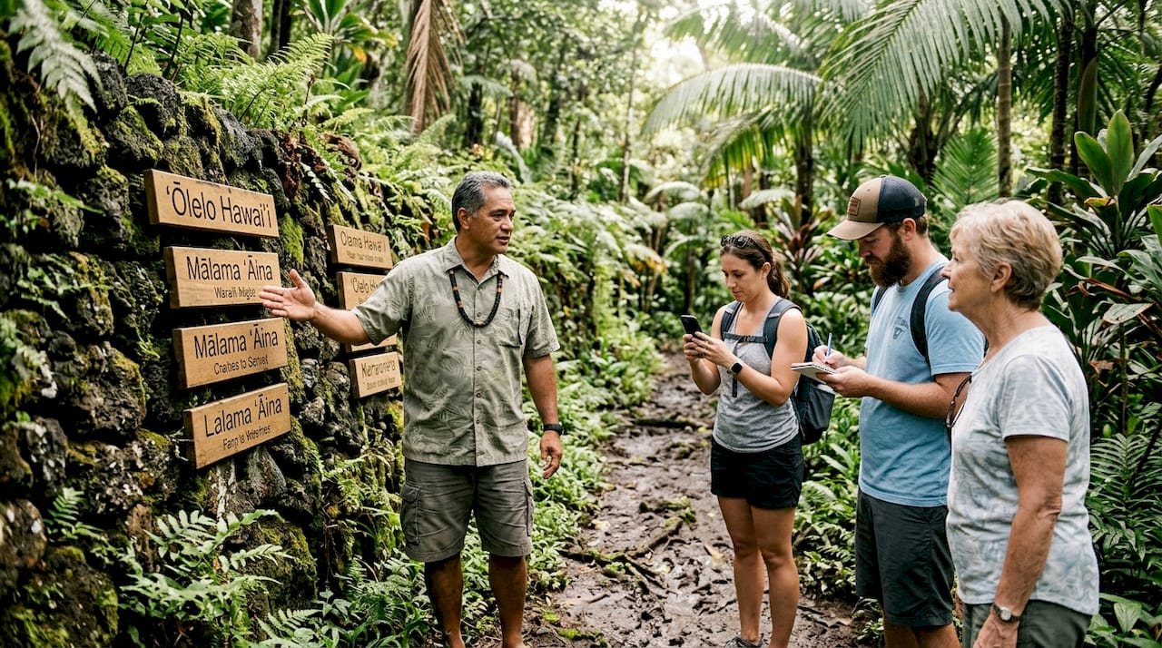 Hawaiian guide with group on rainforest path
