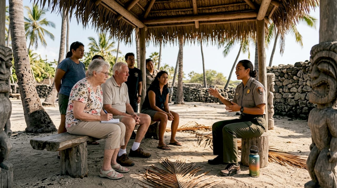 Ranger giving talk at Puʻuhonua o Hōnaunau