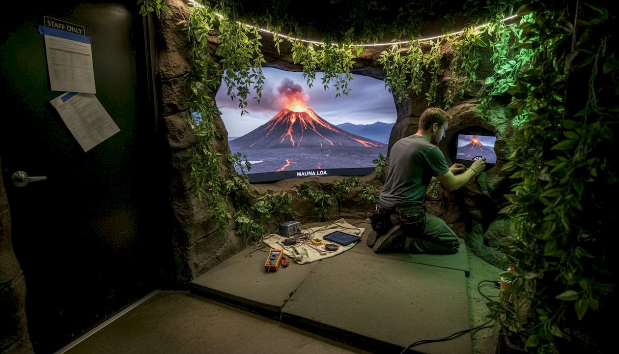 Technician adjusting interactive Hawaiian exhibit