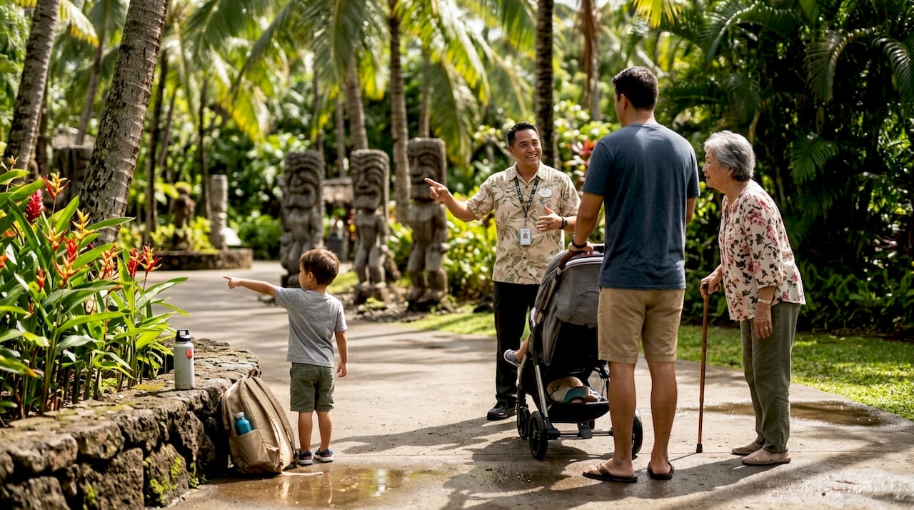 Family at accessible Hawaii attraction garden