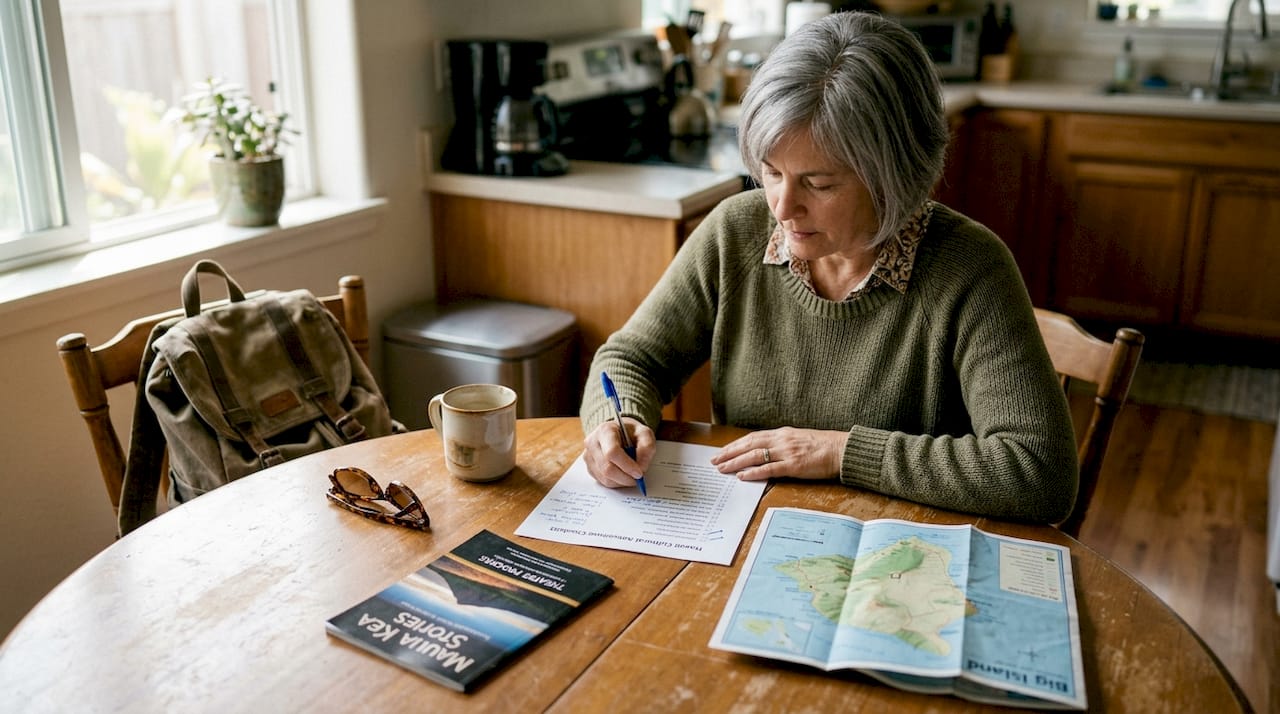 Woman planning Hawaii cultural trip at kitchen table