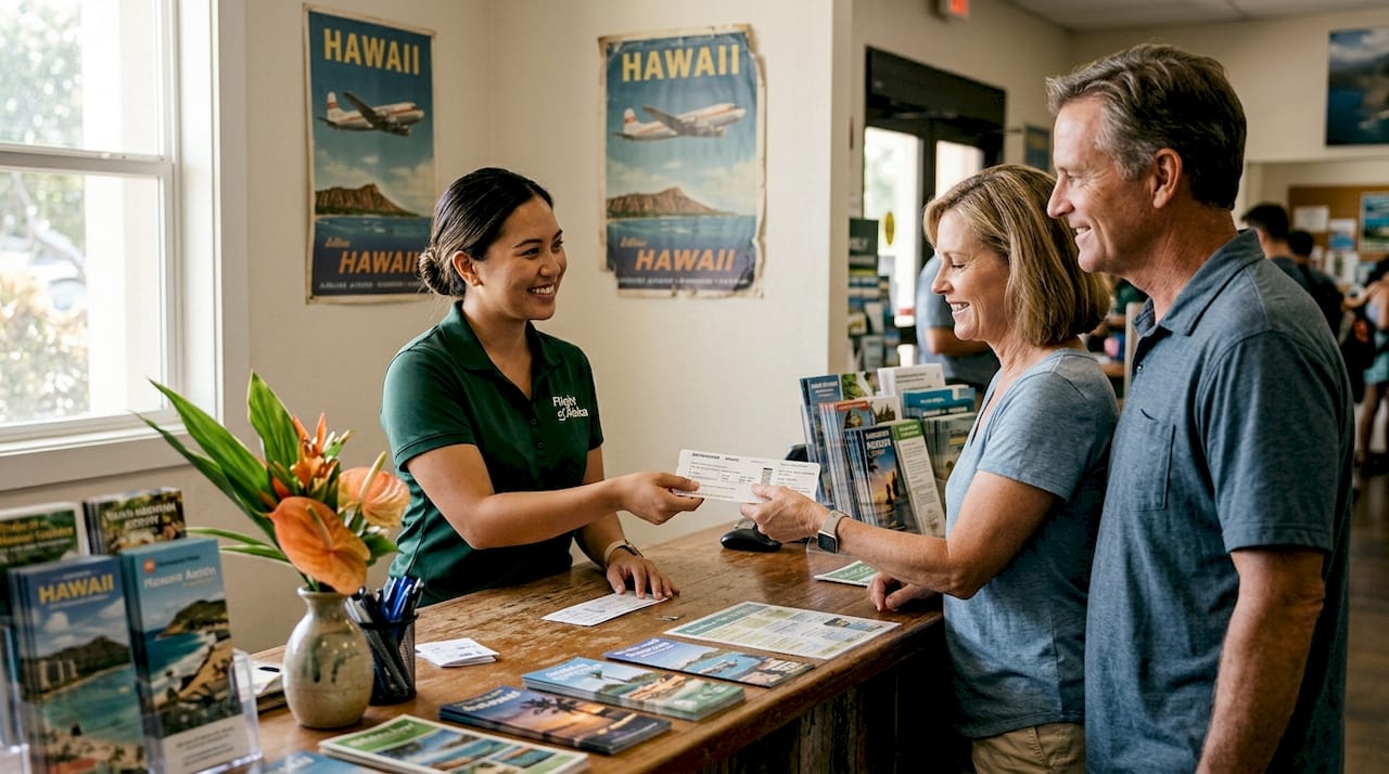 Staff handing tickets at welcome counter