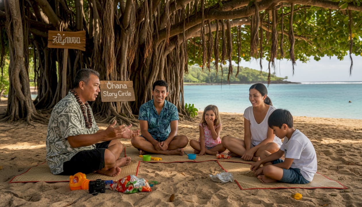 Family listening to Hawaiian storyteller outdoors