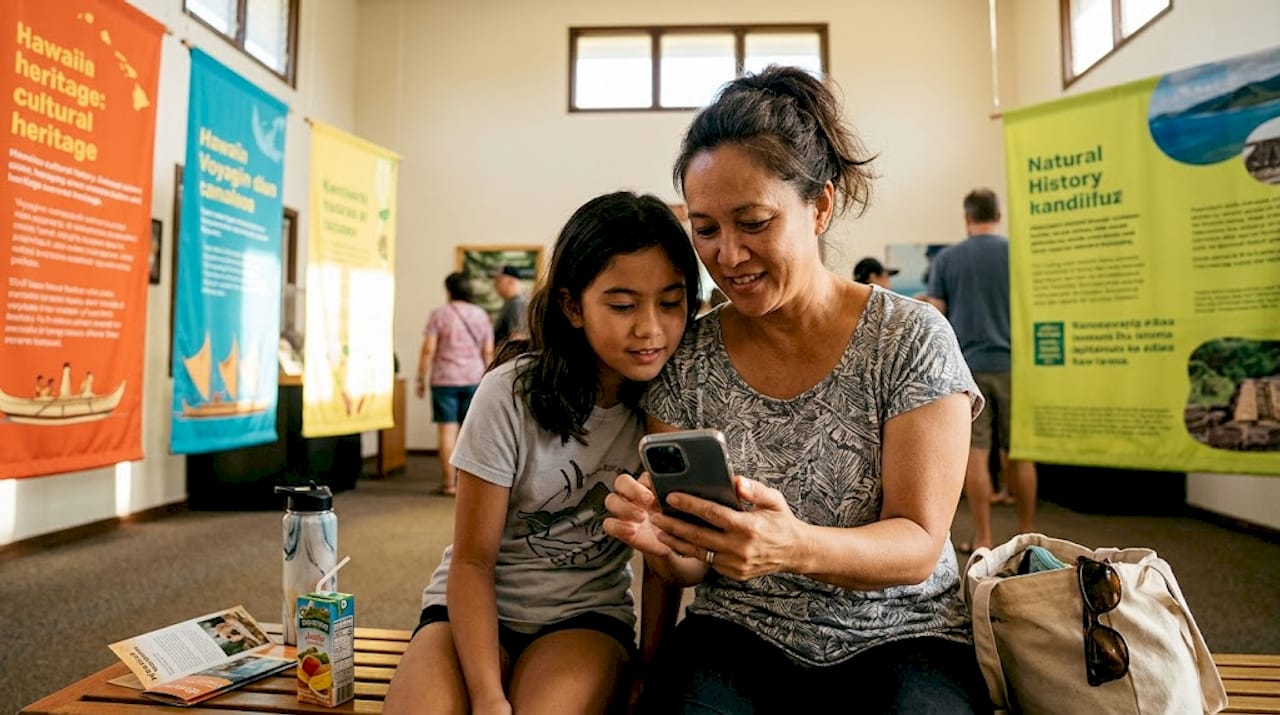 Mother and daughter using educational app in museum