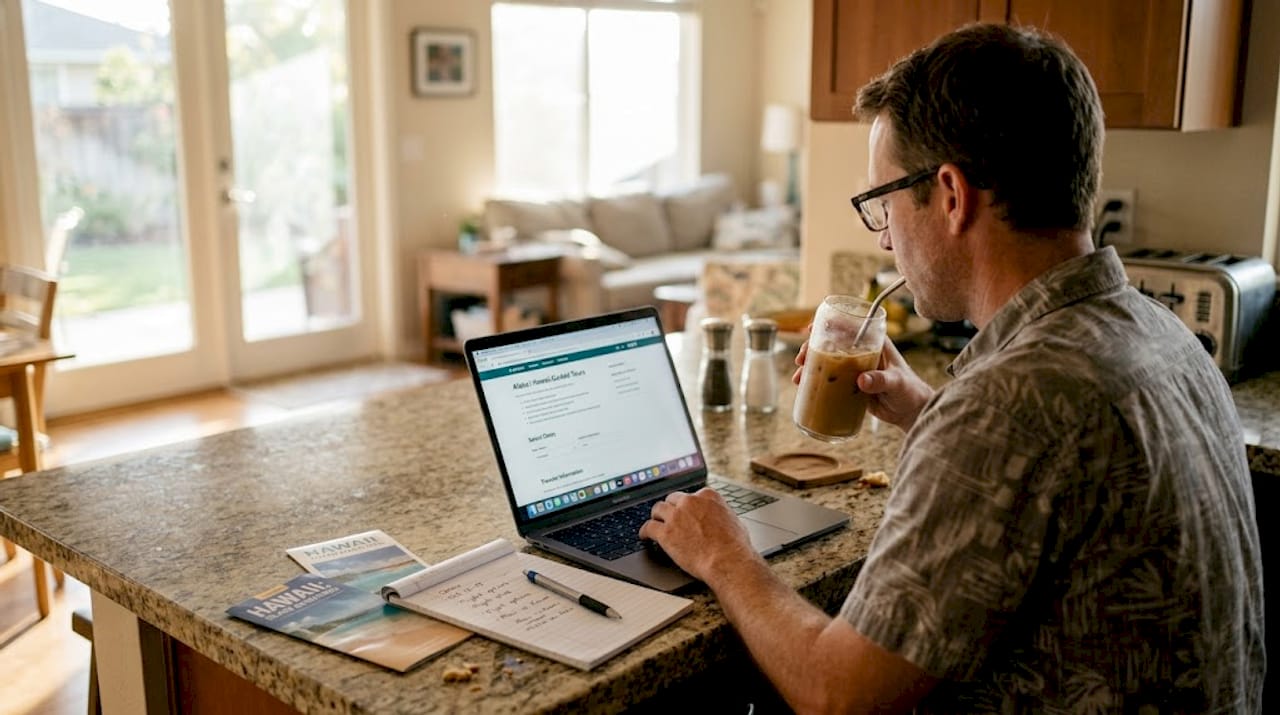 Man books Hawaii guided tour at kitchen island