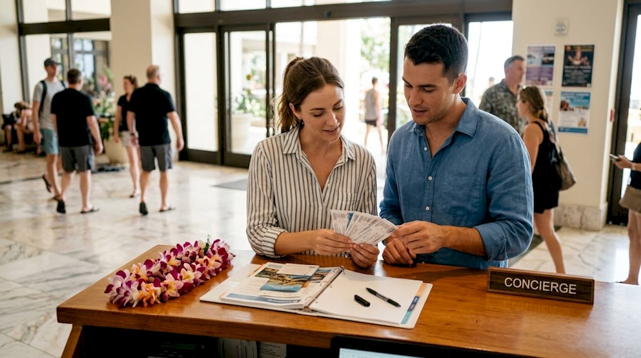 Travelers reviewing tickets at hotel concierge