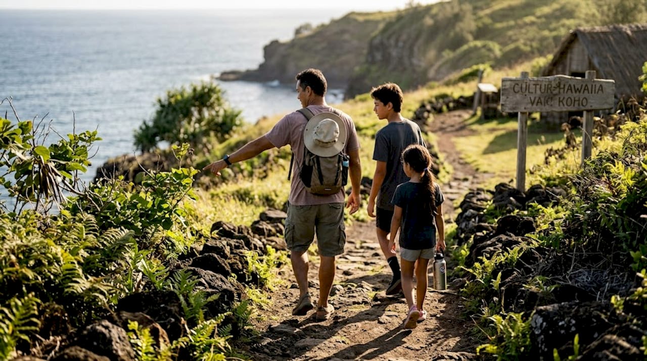 Family walking coastal trail to Hawaiian site