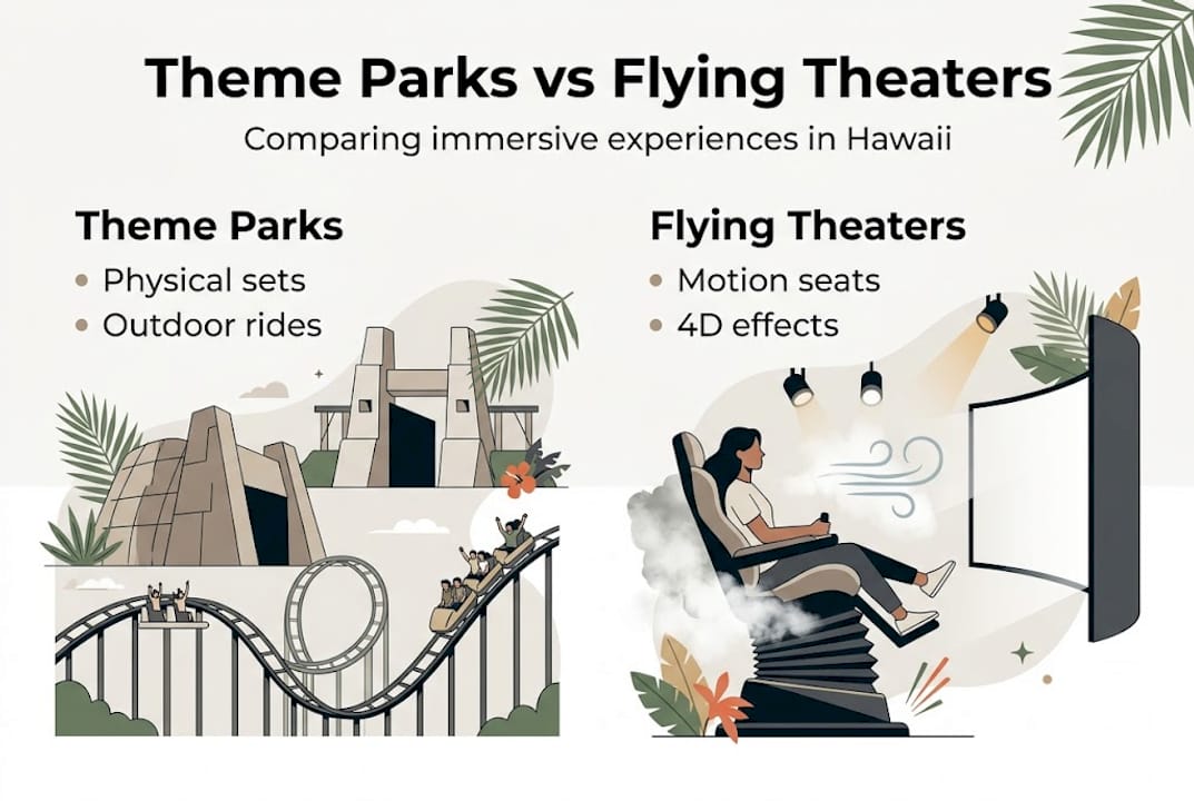 Infographic comparing theme parks and flying theaters