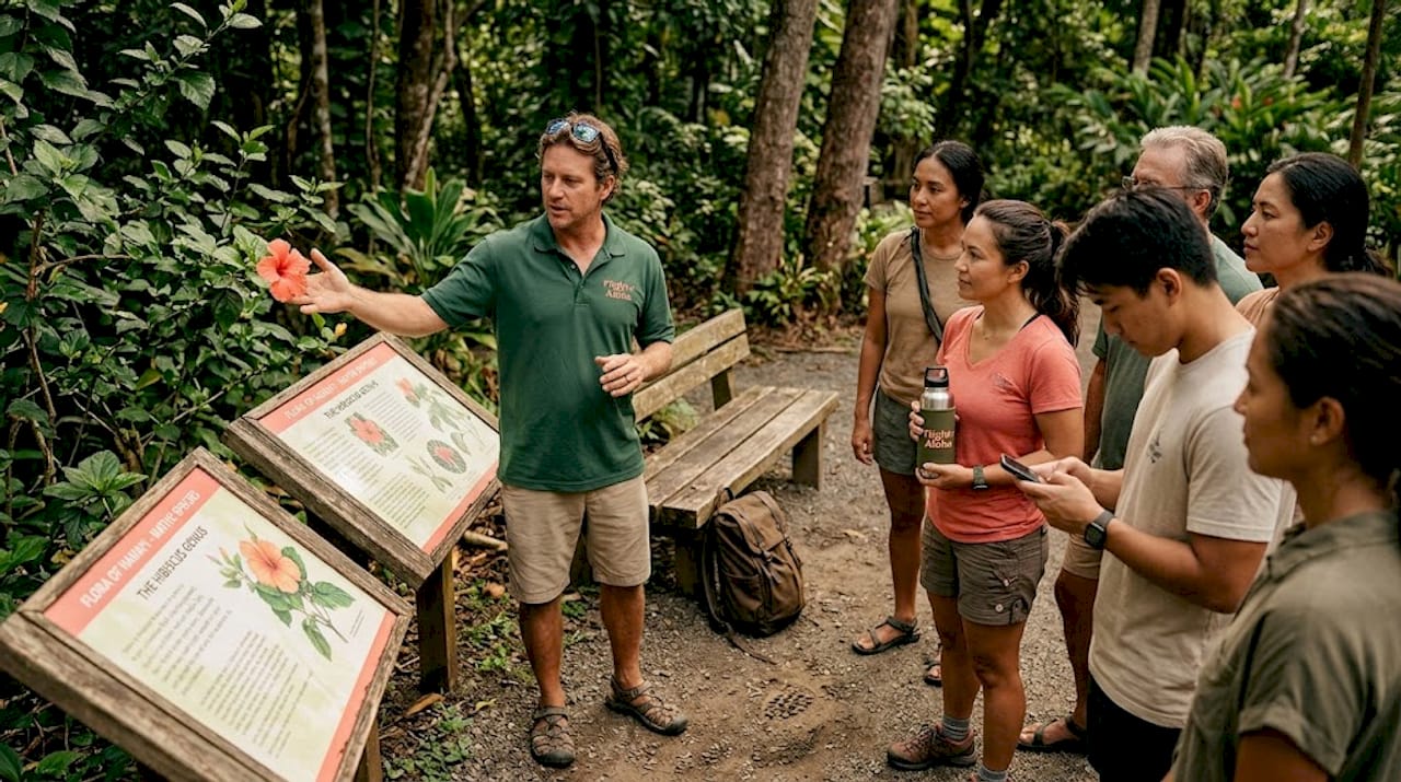 Guide leading group at Hawaii botanical garden