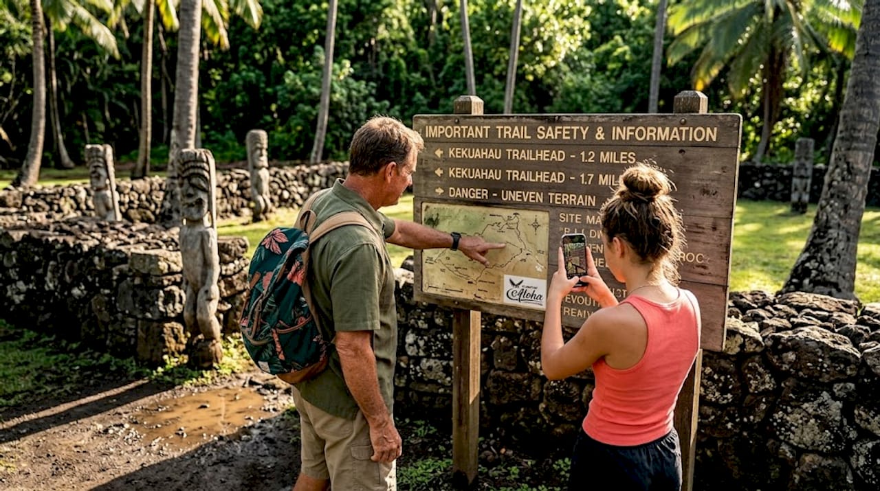 Visitors reading safety sign at Hawaiian site