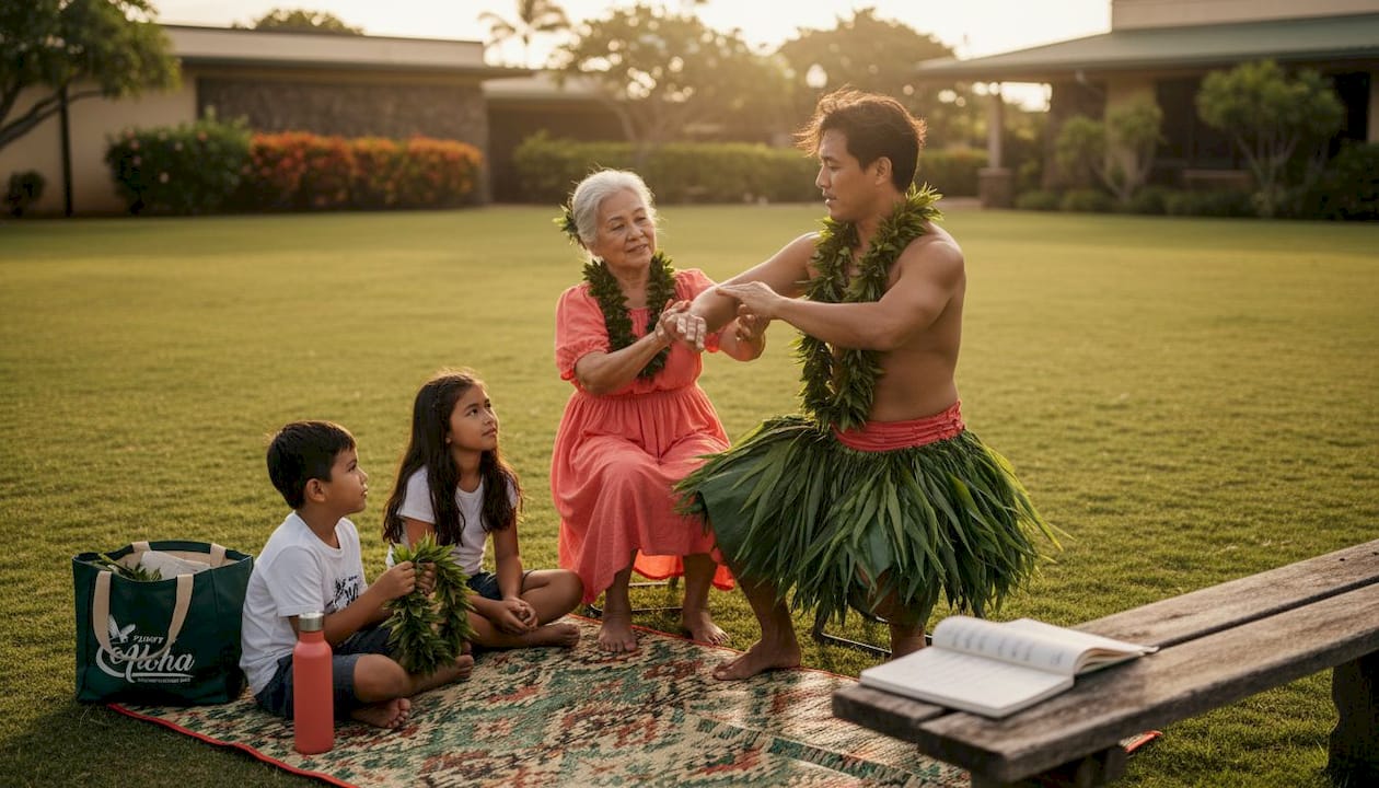 Hula dancer practicing storytelling movements outdoors