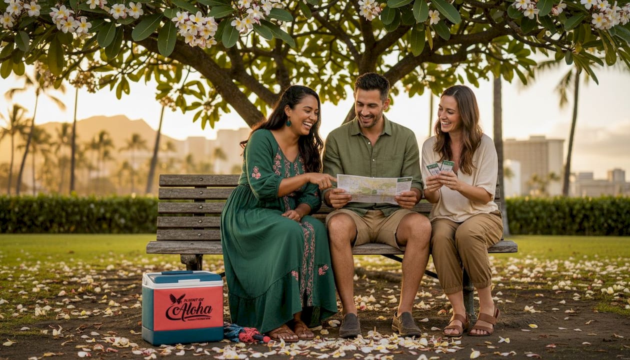 Small group comparing travel tickets in park