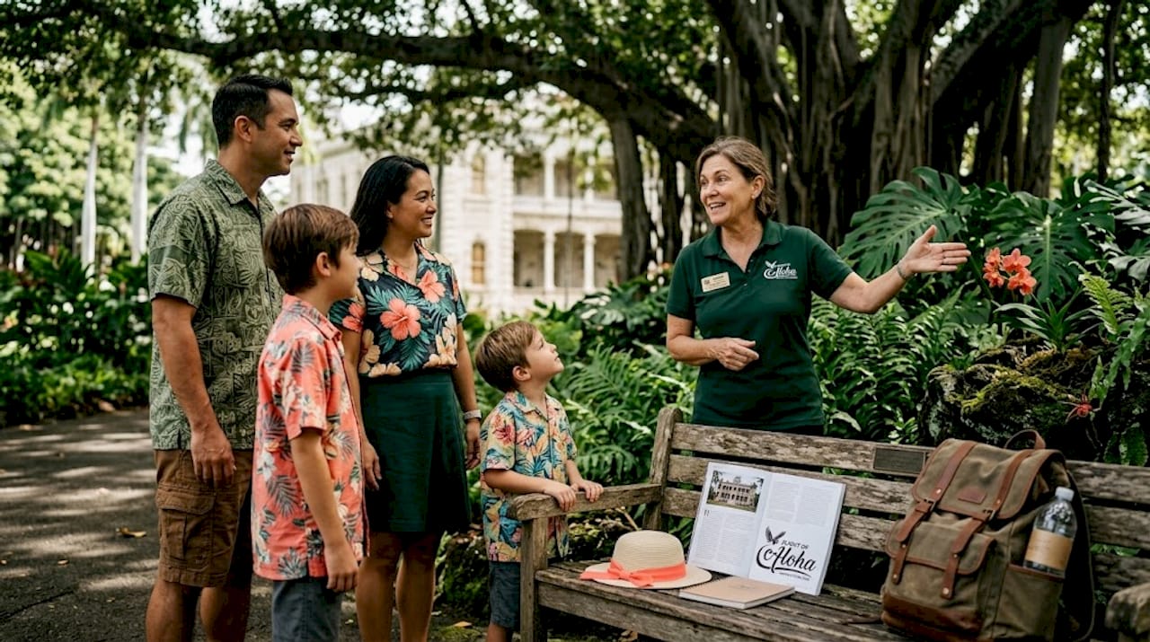 Tour guide leads family in Iolani Palace garden