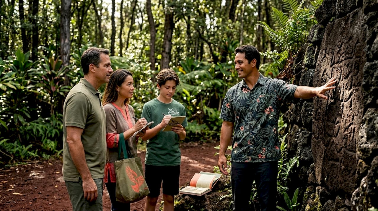 Guide explaining Big Island petroglyphs to group