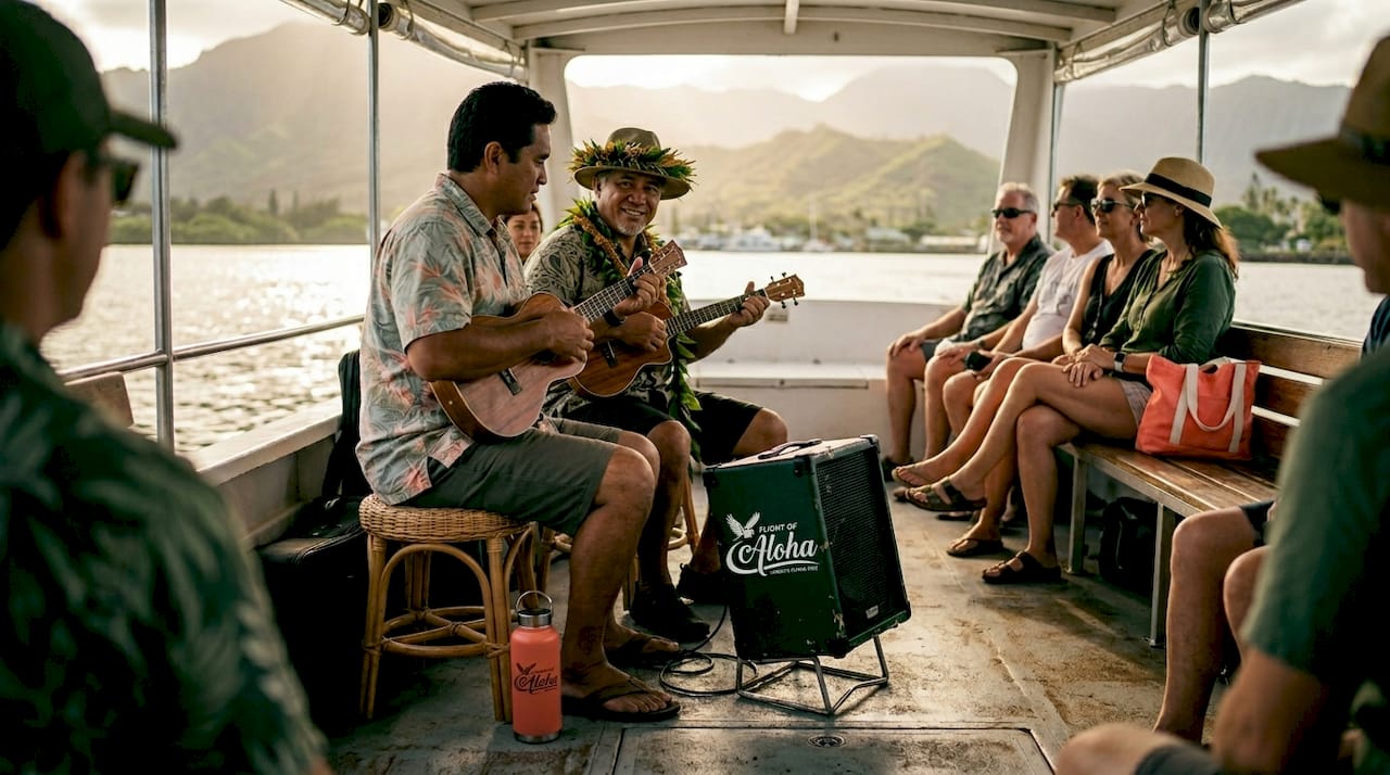 Musicians performing on Hawaii harbor cruise