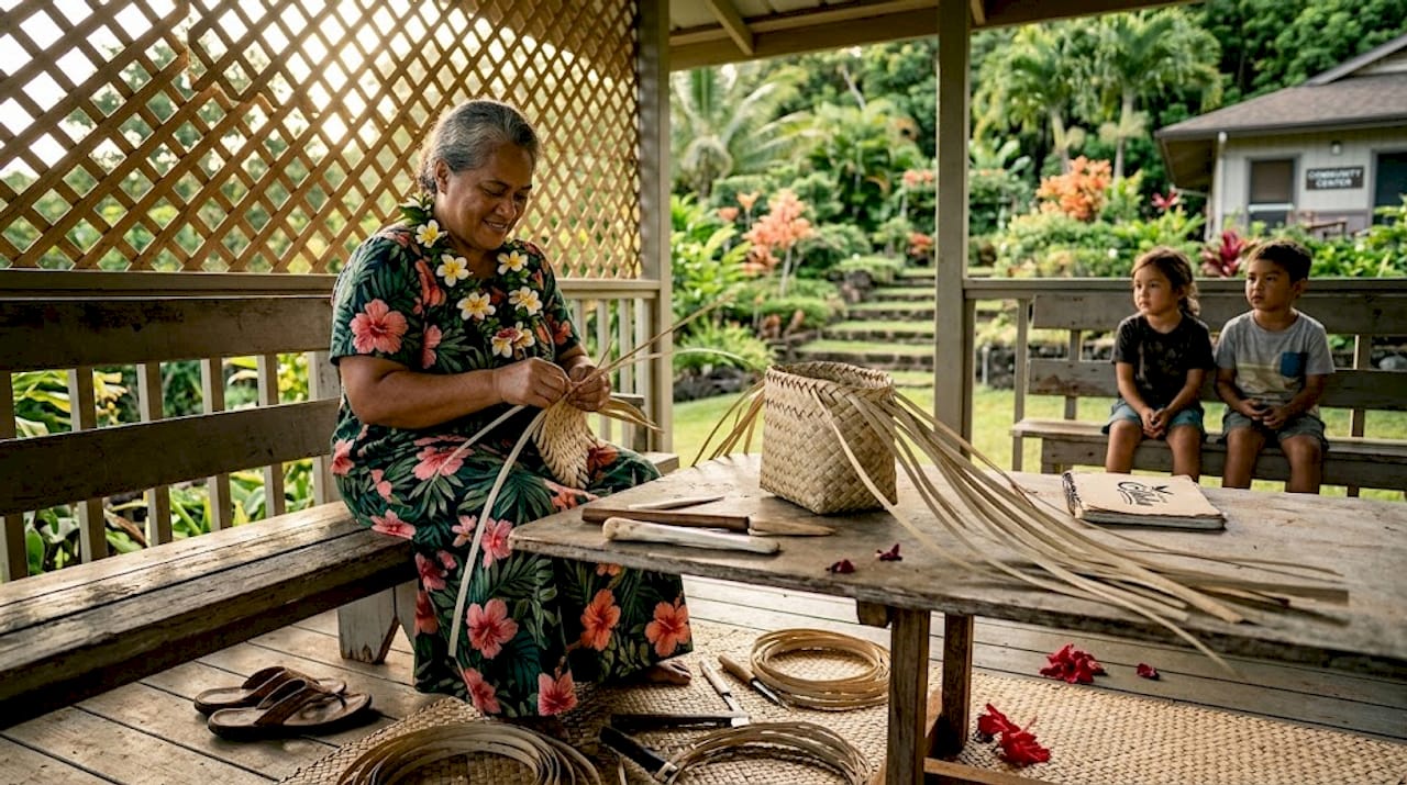 Hawaiian woman weaving basket teaching children
