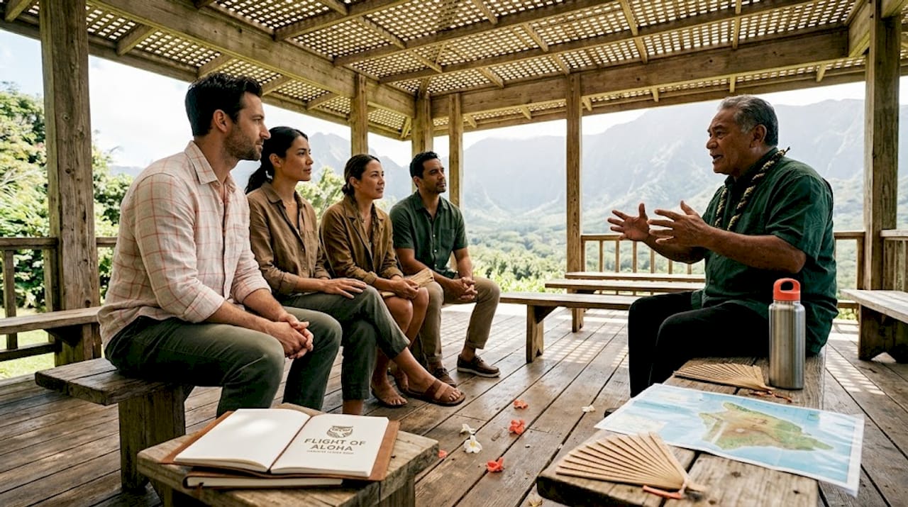 Travelers engaged in Hawaiian cultural storytelling