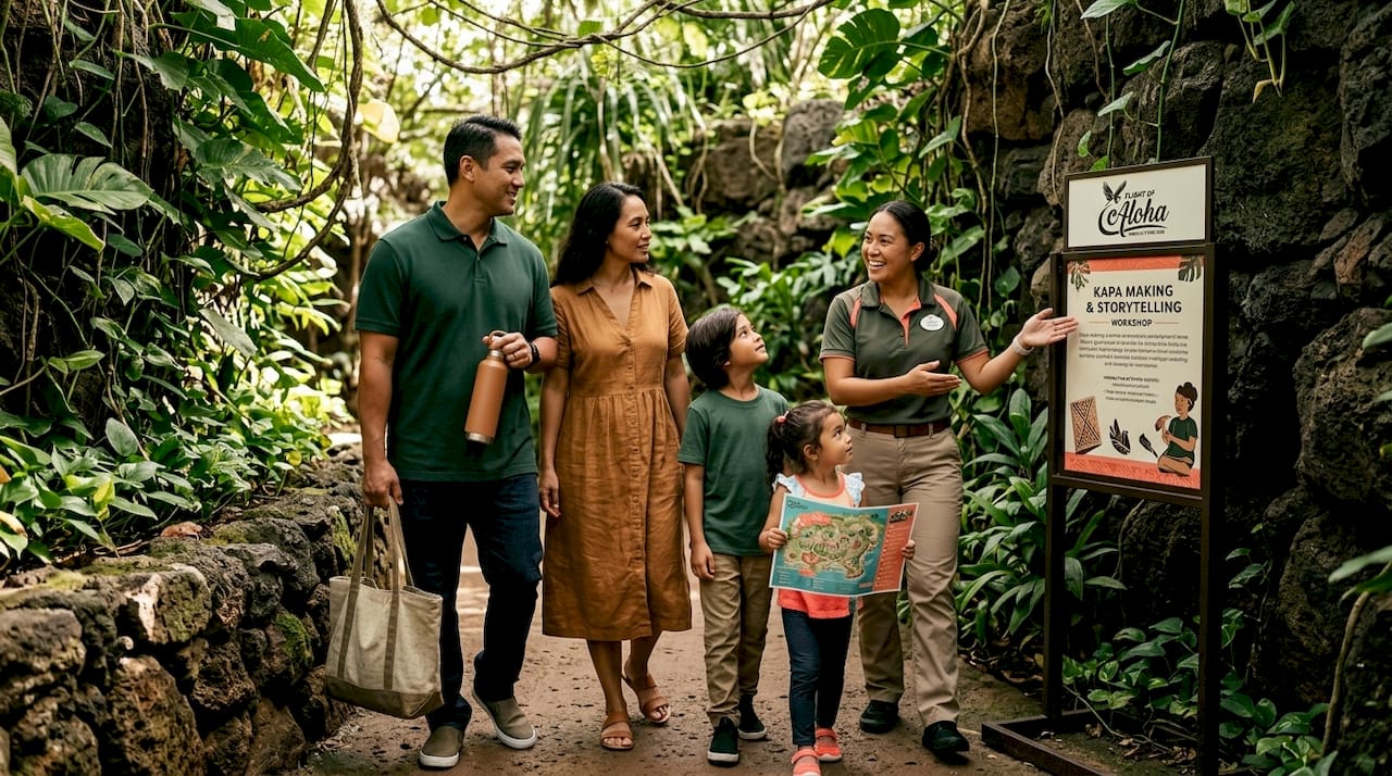 Family listens to staff in Hawaiian attraction