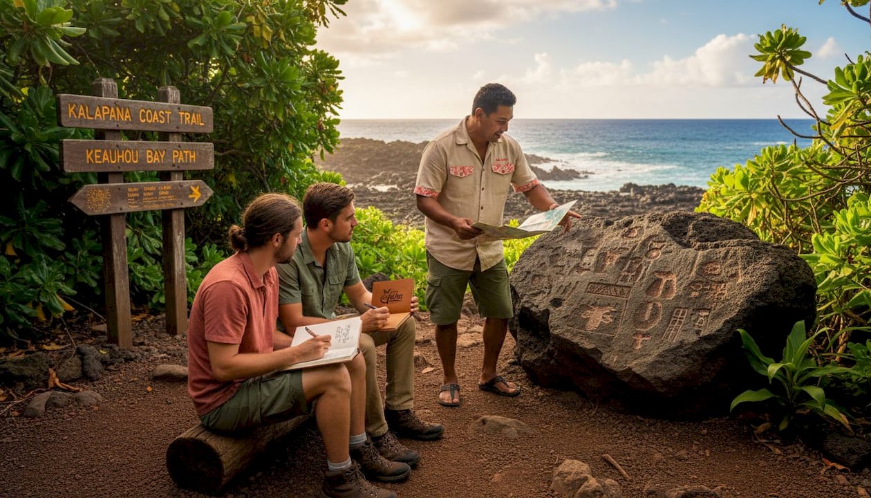Tour group with Hawaiian guide on coastal trail