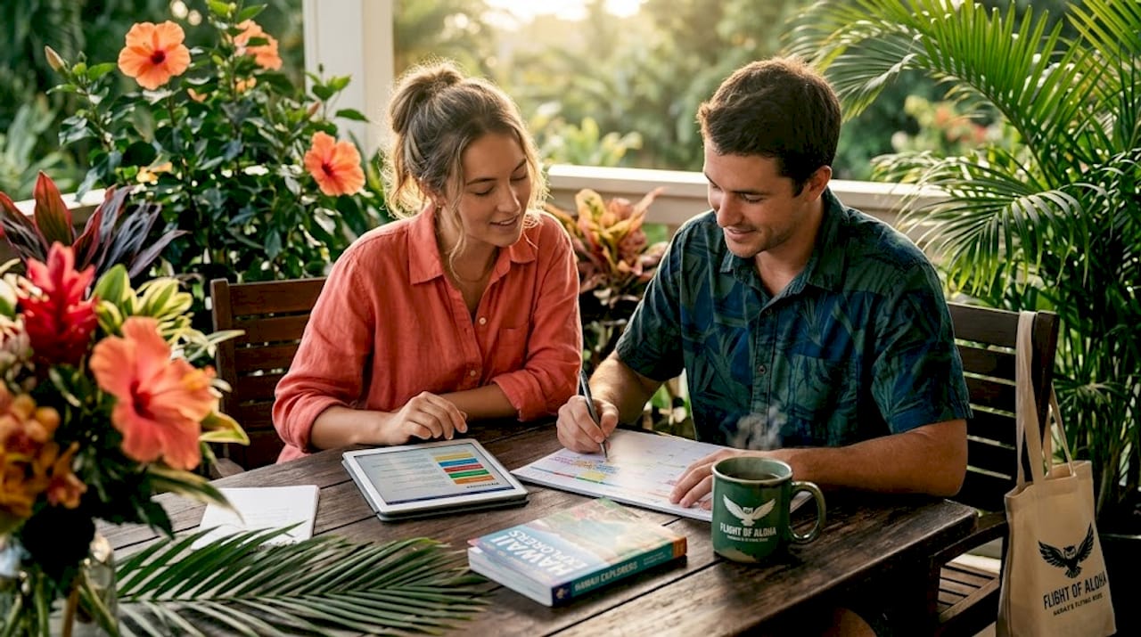 Couple planning Hawaii itinerary at café