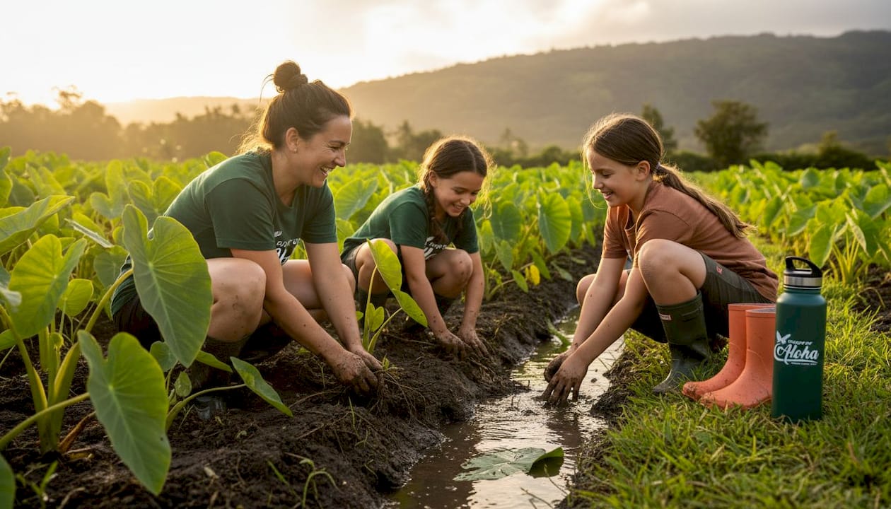 Family participating in muddy taro farming