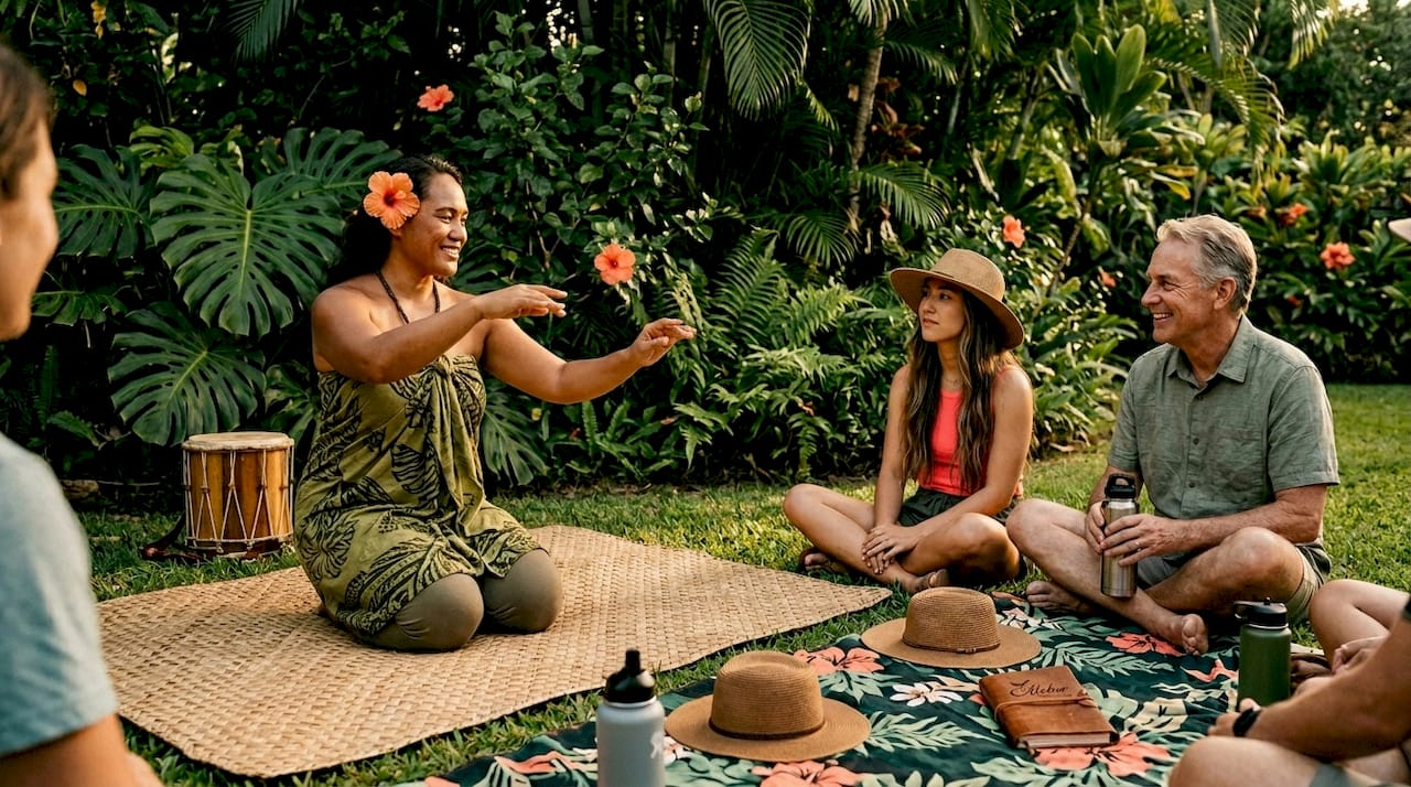 Guide teaching Hawaiian hula to tourists