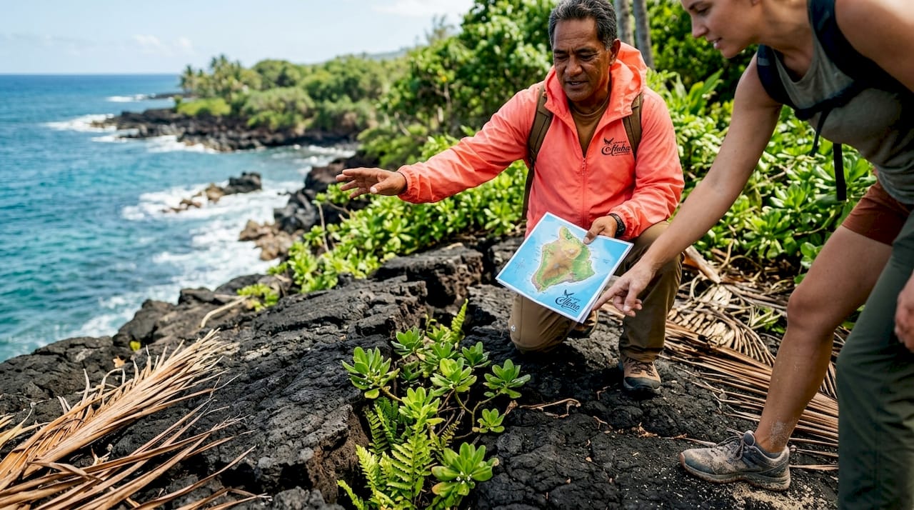 Hiking group learning on Big Island lava field