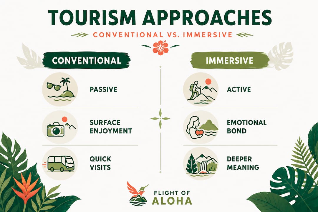 Infographic comparing conventional and immersive Hawaiian tourism
