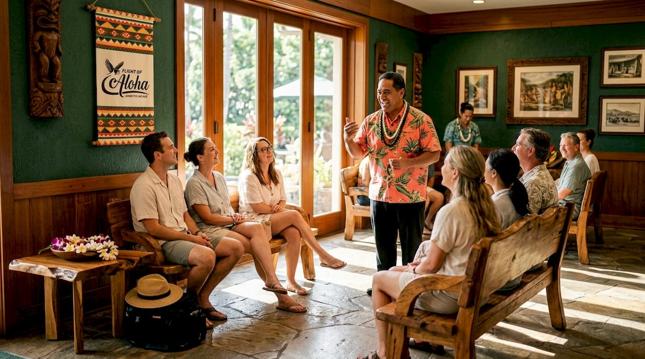 Cultural ambassador guiding guests in theater lobby