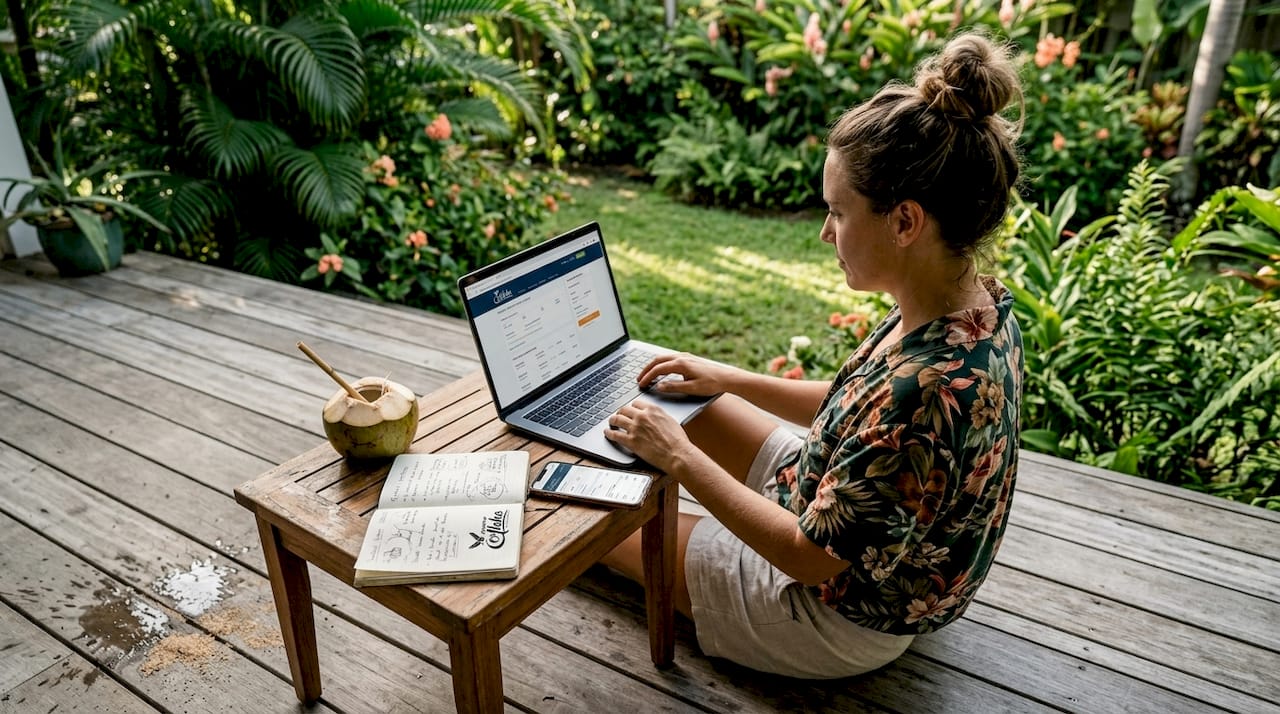 Traveler planning ticket purchase in Hawaii