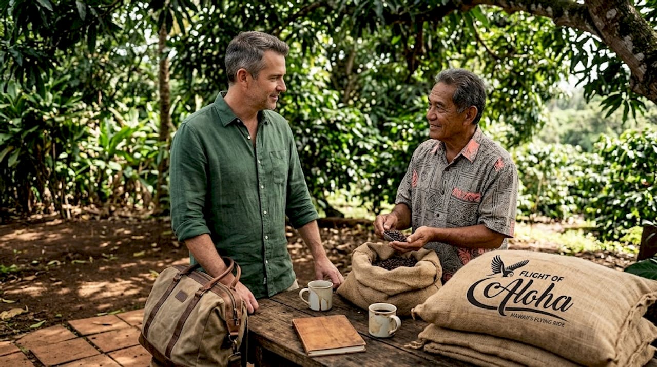 Traveler chatting with Hawaiian coffee farmer