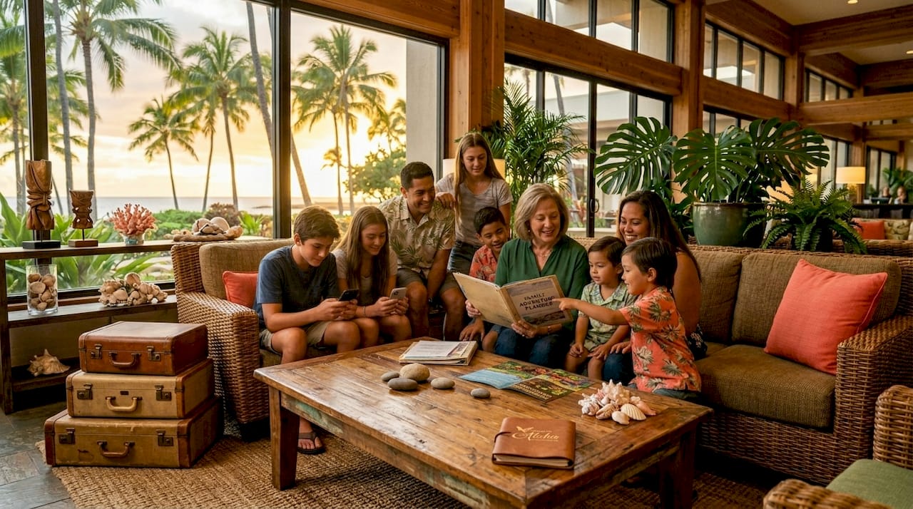Family group planning in Hawaii hotel lobby